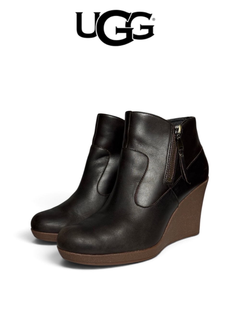 UGG MYRNA DISTRESSED BROWN LEATHER WEDGE ANKLE BOOTS SHEARLING LINED SIZE 9